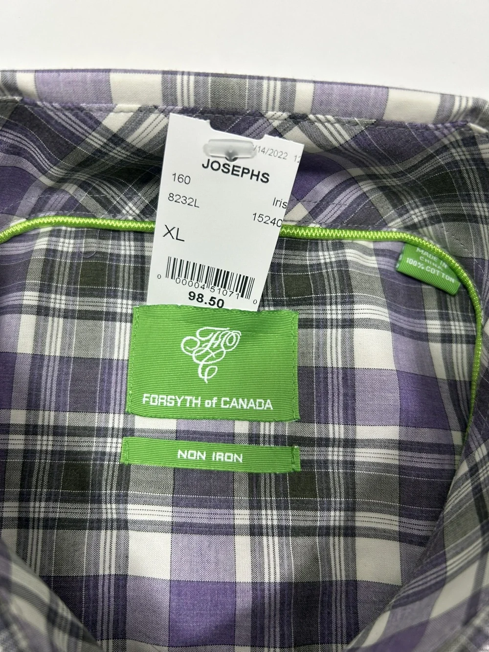 Forsyth of Canada Non Iron Plaid Shirt XL Purple Black White